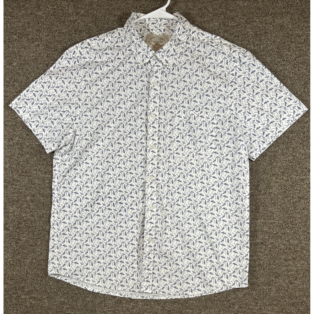 St Johns Bay No Tuck Button Up Short Sleeve Hawaiian Umbrella Print Men's Large